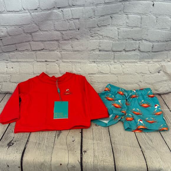 Posh Peanut Crab Swim Trunks and Rash Guard Set - Picture 1 of 3